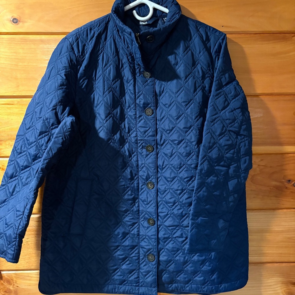 Lands End Womens Navy Blue Quilted Primaloft‎ Barn Jacket Coat Size L 14-16 P